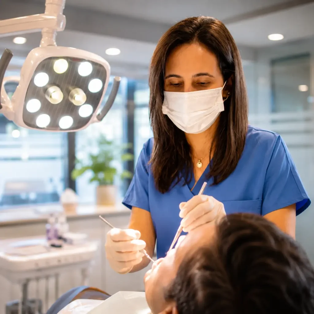 Experienced dental specialist performing a professional dental treatment in a modern clinic environment.