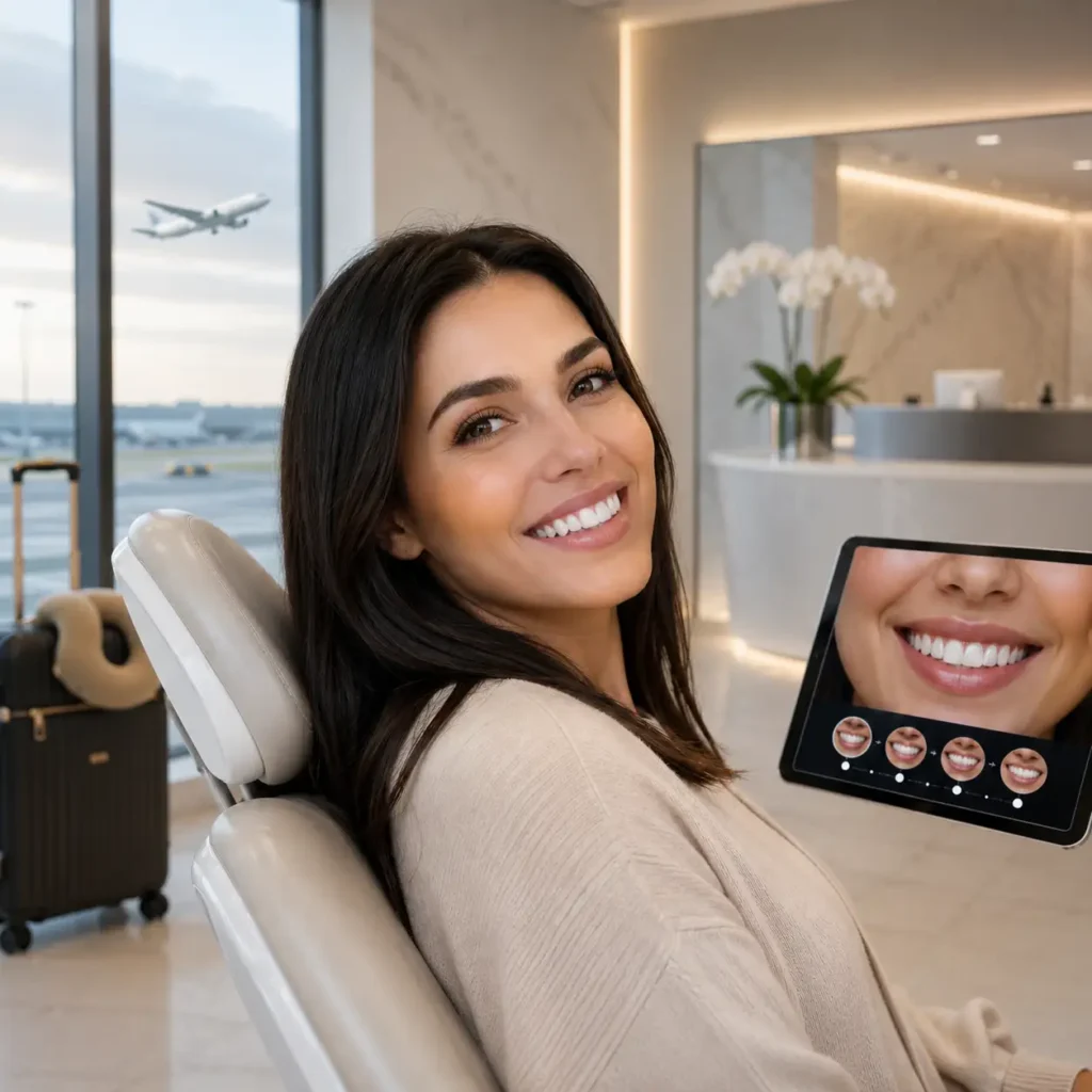 Smiling patient in a modern dental clinic with travel elements representing Hollywood Smile treatment in Turkey within 5 days.