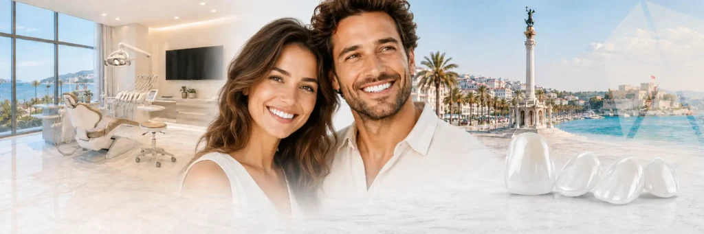 Hollywood Smile in Turkey banner showing smiling international patients, modern dental clinic, ceramic veneers and Phinova Clinics locations in İzmir and Kuşadası